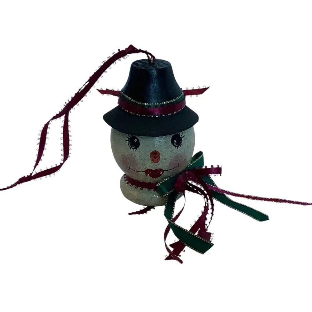 Vtg 1998 Snow Woman‎ Christmas Ornament Ribbon Handcrafted Signed Hand Painted